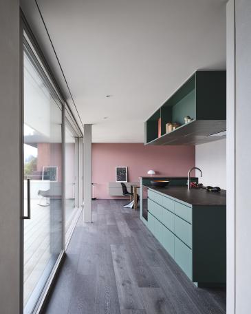 Wohnung Meggen grüne Küche mit Blick ins Esszimmer