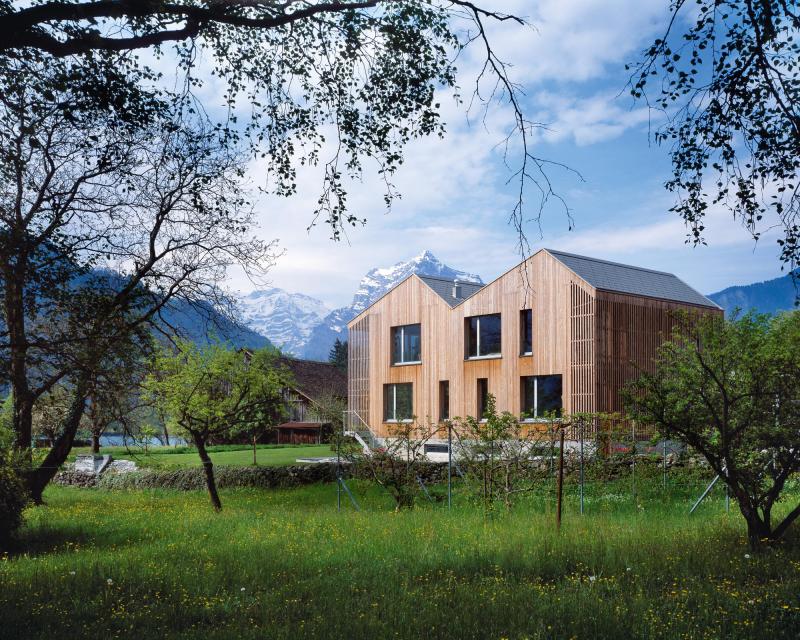 House Weesen with vertical strips of wood cladding in larch and view to the mountains of Glarnerland 