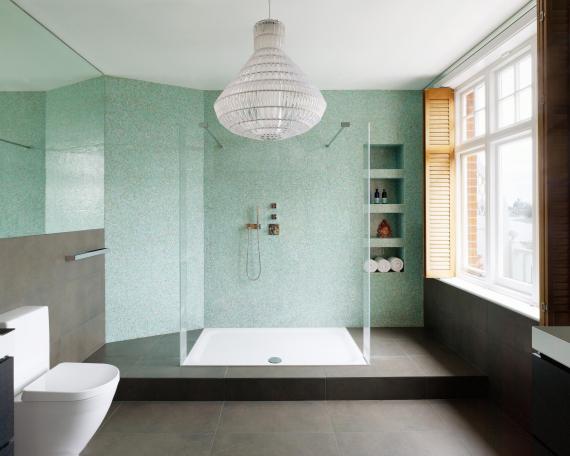 Bathrooms London double walk in shower and view to the Thames