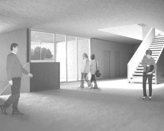 Competition schoolhouse Rooswis in Gossau interior view with foyer and staircase in collaboration with DWarch