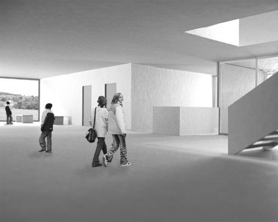 Competition schoolhouse Rooswis in Gossau interior view with staircase and view in collaboration with DWarch