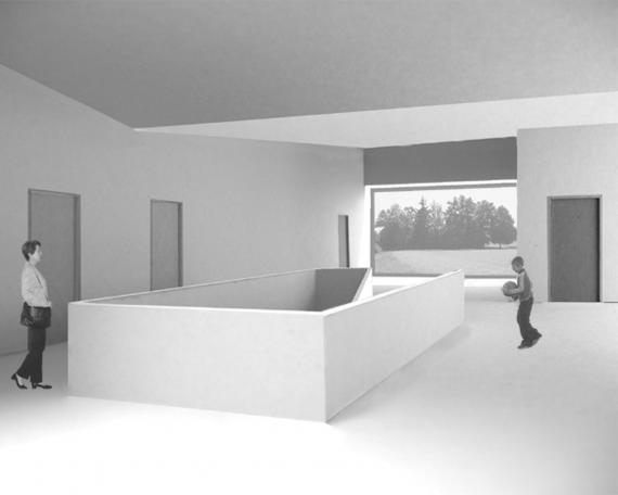 Competition schoolhouse Rooswis in Gossau interior view with staircase and view in collaboration with DWarch