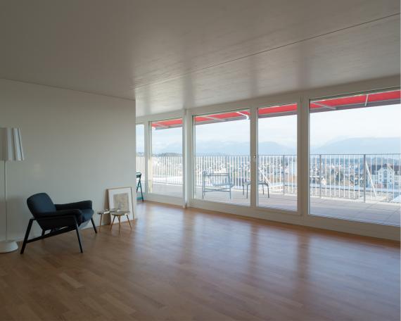 Umbau Mehrfamilienhäuser im Baumgarten in Tann Erweiterung Attika Wohnzimmer mit Blick auf die Terrasse und in die Berge