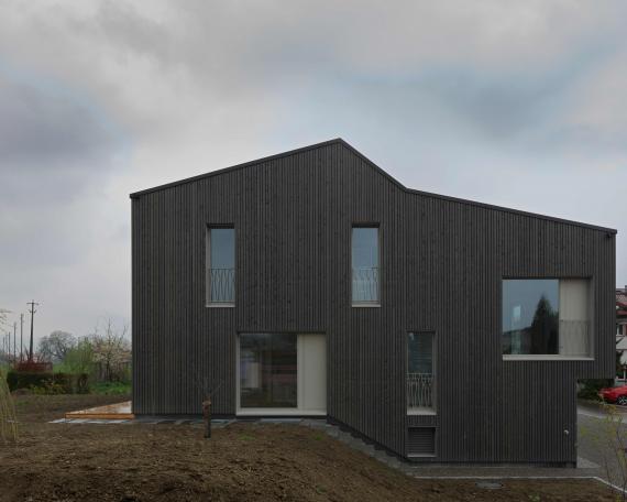 House Wangen_1_East façade, vertical wooden slat façade with pre-greying