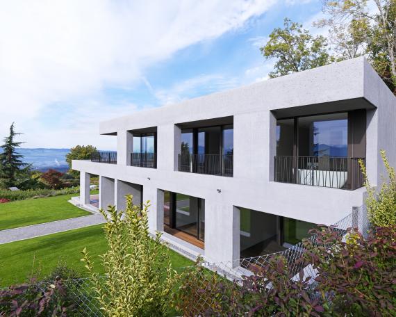 South elevation with sandblasted exposed concrete wall segments forming a covered terrace and a set-back, lift-and-slide opening façade by Huber Fenster