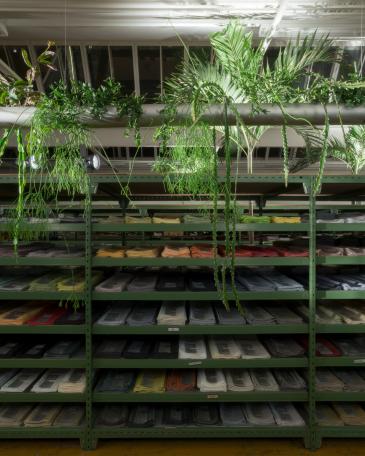 Designers’ Saturday 2016 Detail Pendularis indoor floating garden vor Regal mit Stoffmustern