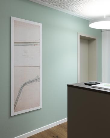 linthverwaltung benken alvettiplan kupfernkrumm im sekretariat vor wand im farbton aquamarine von little greene und februe mobiliar