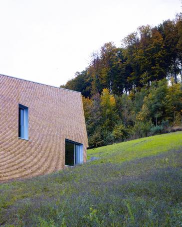 House Tuggen on the edge of the forest with wooden shingles in red cedar