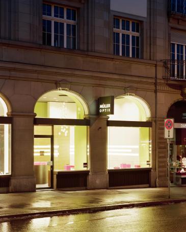 Müller Optik optician store outside view from the shop and display windows 